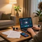 Engaged player on https://mm88.se.net/ using laptop for online poker with strategy notes visible.