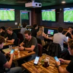nowgoal enthusiasts discussing strategies over drinks in an energetic sports bar setting