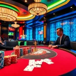 A vibrant casino scene with a poker game highlighting 8kbet1's luxury and excitement.
