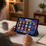 Player enjoys 789club gaming app on tablet in cozy home setting, illustrating responsible gambling.