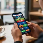 Tải app Vin88 on a smartphone screen while enjoying dynamic mobile sports betting in a vibrant cafe setting.