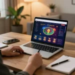 Engaging in online casino gaming experience link vào nk88 on a sleek laptop with strategic notes