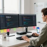 Dynamic developer workspace showcasing the features of Moltbot AI in a tech-driven environment, highlighting coding and automation.