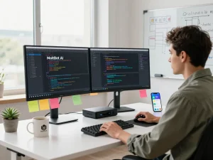 Dynamic developer workspace showcasing the features of Moltbot AI in a tech-driven environment, highlighting coding and automation.