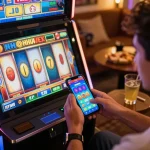 Player enjoying vibrant nohu90nohu slot machine game on smartphone, colorful interface and cozy setting