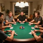 Friends engaged in an exciting poker game at home, showcasing Ev88 spirit with strategic gameplay and camaraderie.