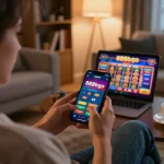 Engaging with the 888bgo mobile casino app on a cozy couch, showcasing a strategic gaming atmosphere.