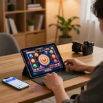Player enjoying a vibrant pucuk138 online slot game on a tablet, showcasing a colorful gaming setup.