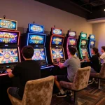 Players enjoying immersive slot games at 81ff, capturing thrilling moments of big wins and vibrant machine displays.