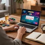 Engaging in online poker at home using transporthydraulics with chips and cards on the screen.