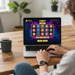 Gambling enthusiast engaging with F8BET online casino on their laptop, showcasing vibrant gameplay.