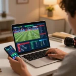 Placing bets on 789WIN's online platform with vibrant match odds visible on laptop screen