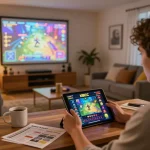 Engaged player exploring k8cc gaming interface at home, showcasing thrilling casino experience.