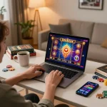 Engaging online gaming experience featuring transporthydraulics player using laptop for slot games at home.