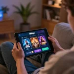 Player enjoying the 8day app on tablet for online casino gaming in a cozy home setup
