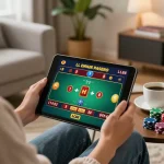 Engaged player enjoying LC88 online casino gaming on tablet in cozy living room.