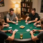 Players strategizing at a Go8 poker night with chips and community cards visible in a cozy home setting.