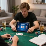 Player enjoying intense poker action on 33win app during a home game night with friends.