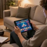 Engaging in a rik vip online gaming session with strategy notes in a cozy home environment.