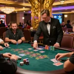 Engaging blackjack gameplay scene at one88 casino, showing players focused and chips stacked for strategic betting