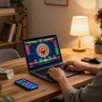 Engaging online gaming experience with fabet gaming interface on laptop at home, showcasing strategy and excitement.