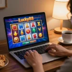 Engaging in the Lucky88 slot game, a player prepares to spin the reels at home.
