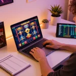 Engaging with online slots on a laptop for 789win nổ hũ, showcasing strategic bankroll management.