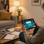 Player enjoying max88 online poker gaming on tablet, surrounded by strategy notes and an inviting home setting