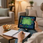 Engaging online sports betting session using a tablet for keo nha cai 5 in a cozy living room.