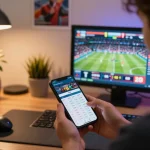Placing online bets for tỷ lệ kèo trực tuyến on a smartphone within a modern home office
