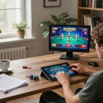 Engaging in online gaming at home, showcasing 98win1's vibrant poker interface for a strategic gaming experience.