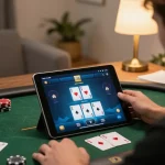 Engaging poker scene on B52 club app within a cozy home setting, showcasing a player's strategy.