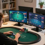 Player strategizing on Tx88 poker app during an intense home gaming session