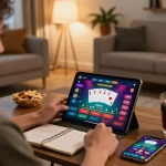 Player engaging with the alc88 casino app on a tablet, enjoying a cozy gaming atmosphere at home.