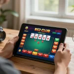B52 Club gaming app displayed on tablet, showcasing a dynamic poker hand in action.