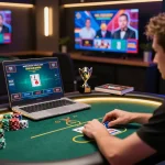 Engaging online poker game at home with dola789 logo displayed on the gaming screen and focused player preparing bets.