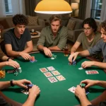 This scene illustrates friends enjoying a poker game at home, emphasizing social bonding and strategy with 58wiin integration.