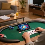 Engaging online poker game on f8betlv tablet with betting notes in cozy home atmosphere.