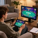 Engaging with nhà cái online uy tín on a tablet in a cozy home gaming setup with notes.