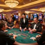 Players strategizing their bets at blackjack table, highlighting mb66 link for casino excitement