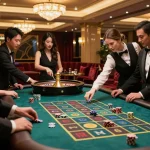 Players placing bets at a roulette table in the luxurious hytw3339 casino experience.