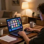 Engaged player using laptop for online slots at 789Club in a cozy home setting