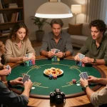 Friends engaging in a poker game at home, showcasing strategic gameplay with alo8's dynamic atmosphere.