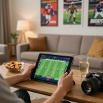 A person engaged in sports betting using keonhacaii88 app on a tablet in a cozy setting.