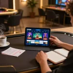 Player using the KKWIN app for online casino gaming while reviewing strategy notes at home.