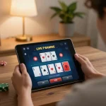 Engaging live casino gameplay on Sv368, showcasing player interaction with cards and chips in a cozy home setting.