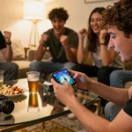 Player engaging in esports betting on 79sodo with smartphone in lively home setup