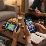 Engaged player using vipwin777 casino app on smartphone in a cozy home setting