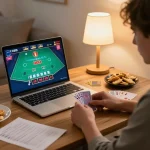Player engaged in online blackjack gaming on laptop, incorporating sunwin strategies for better odds.