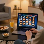 Pemain tenggelam dalam permainan slot toto yang mendebarkan di laptop, menunjukkan permainan online yang strategis.